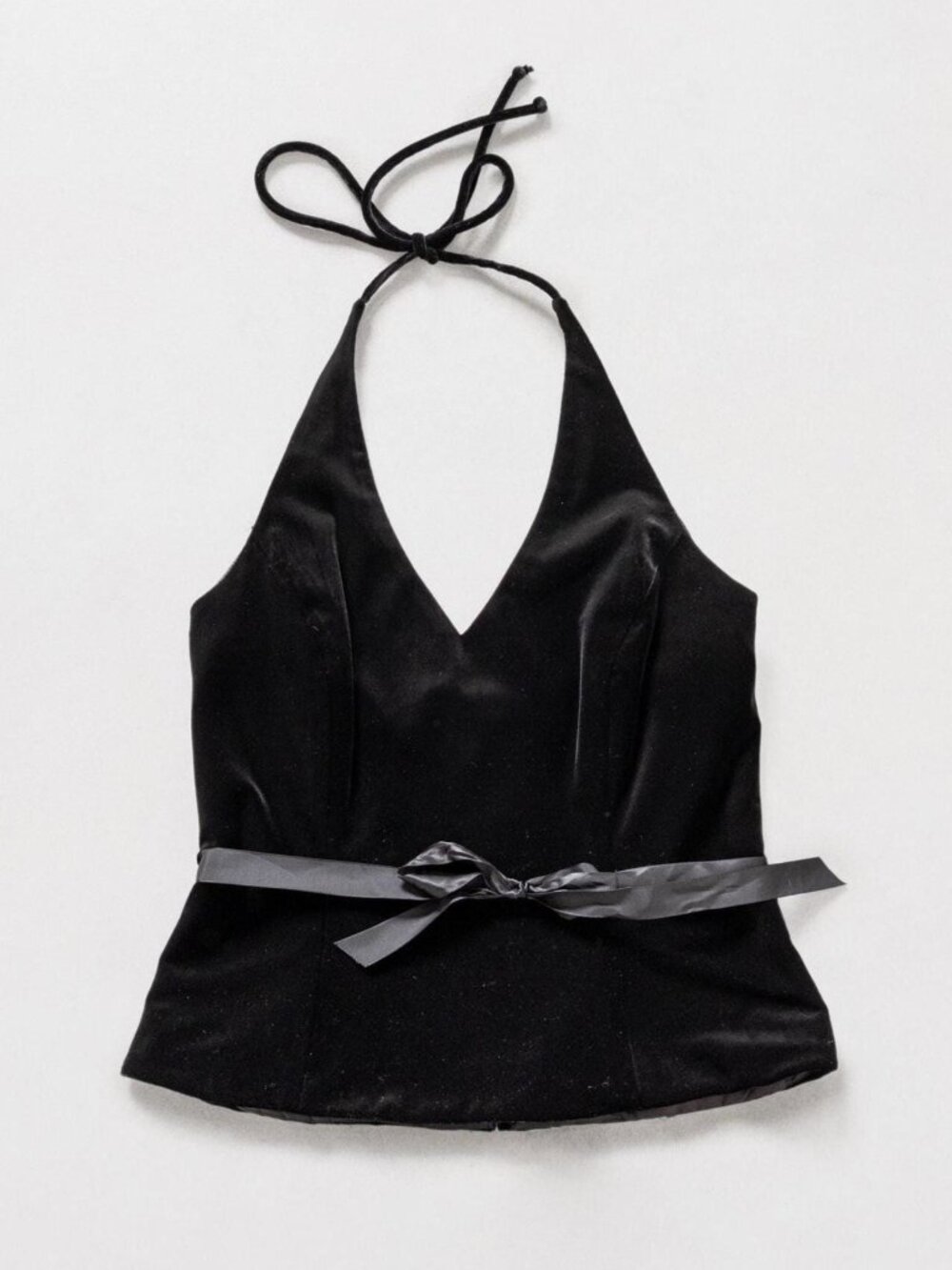 BLACK VELVET HALTER Top Vintage Backless Tie Up Low Cut 90's / Medium